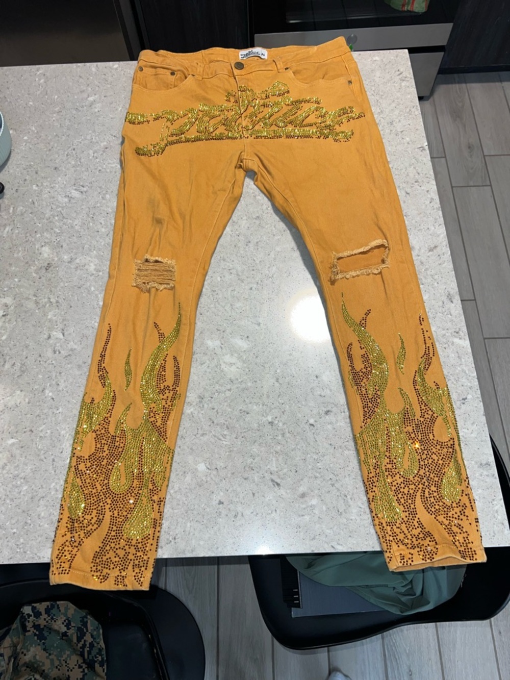 Politics Yellow Embellished Men’s Skinny Jeans with Flame Detail